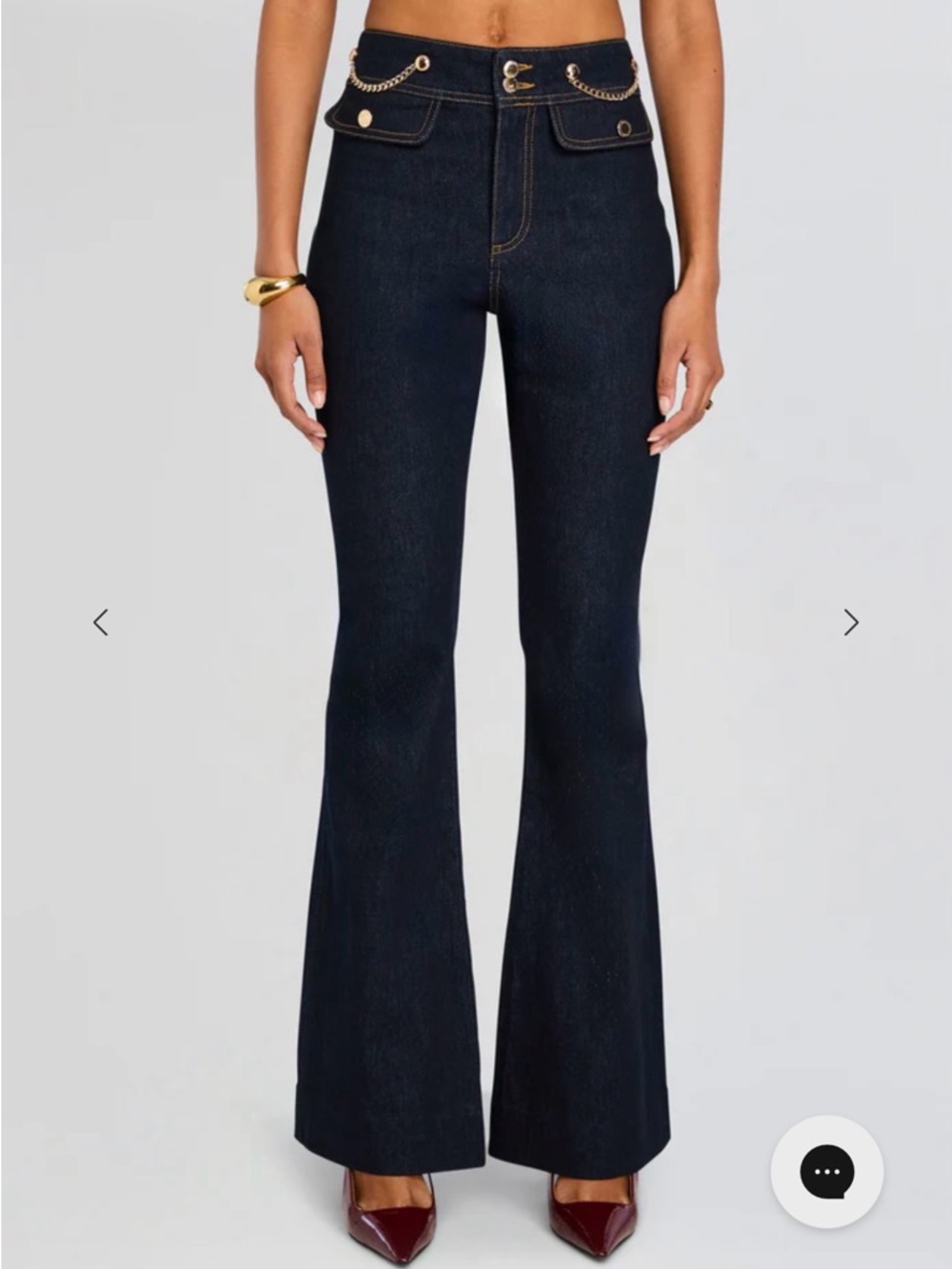 Retrofete Dark Blue High-Rise Flare Jeans with Gold Accent Chains